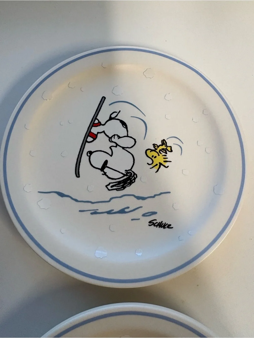 Peanuts Snoopy Winter Side Plates - White with Blue Trim (Set of 4) 6.5”